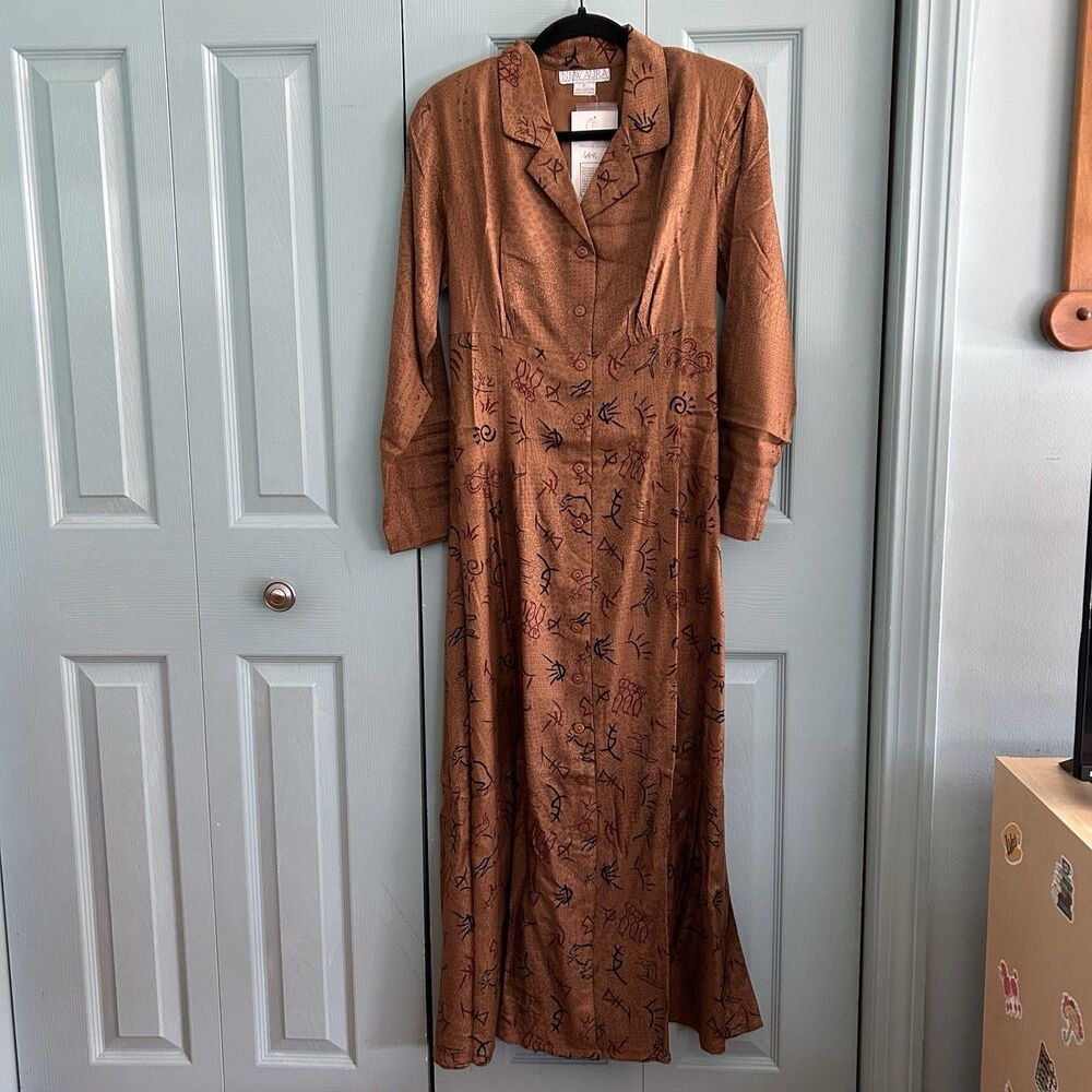 New Aura Artsy Button Front Collared Long Sleeve Maxi Dress Small Boho Brown